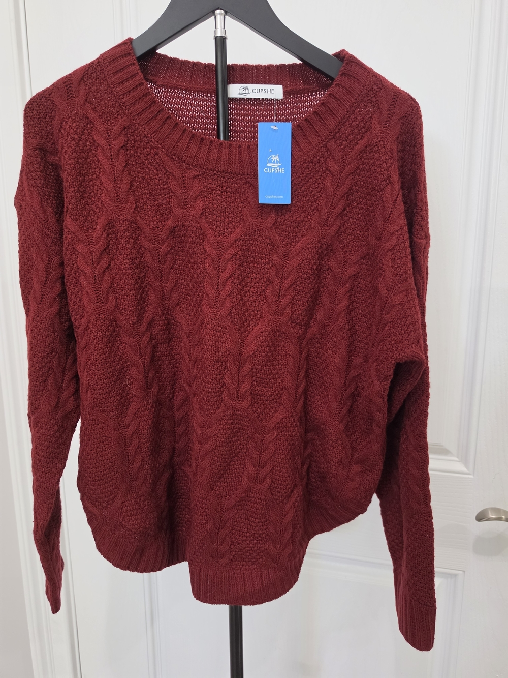 Cupshe Burgundy Cable Knit Crewneck Sweater